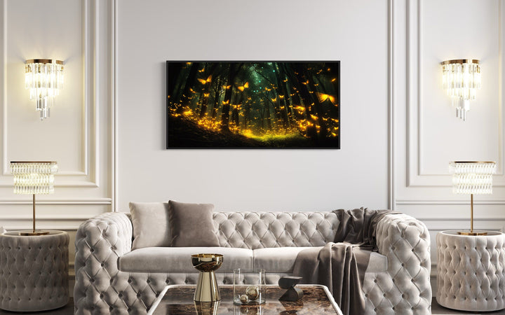 Fireflies In The Dark Forest Framed Canvas Wall Art above white couch