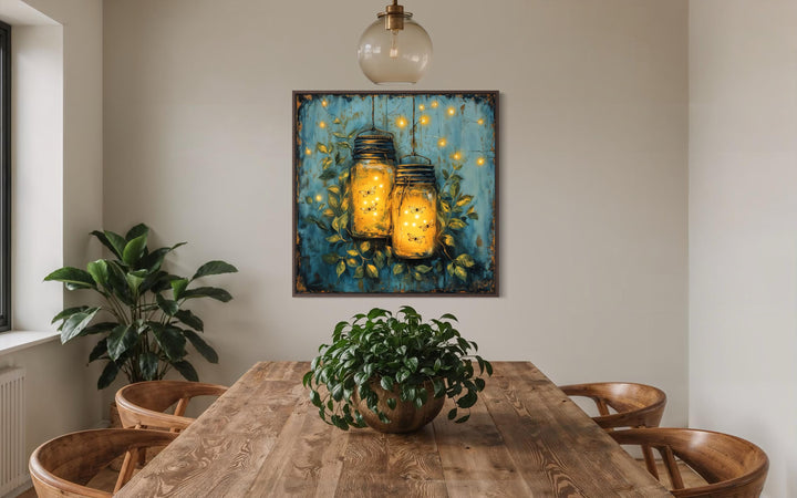 Square canvas wall art featuring glowing fireflies in mason jars on a moody teal background.