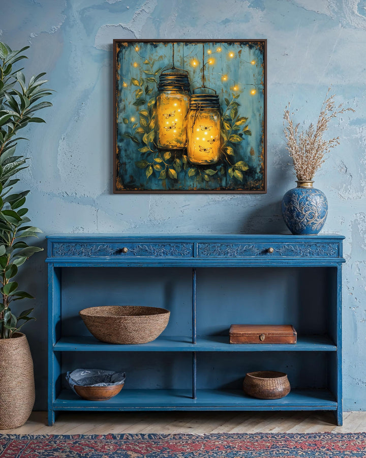 Framed canvas wall art of glowing fireflies in mason jars hanging against a moody teal wall.