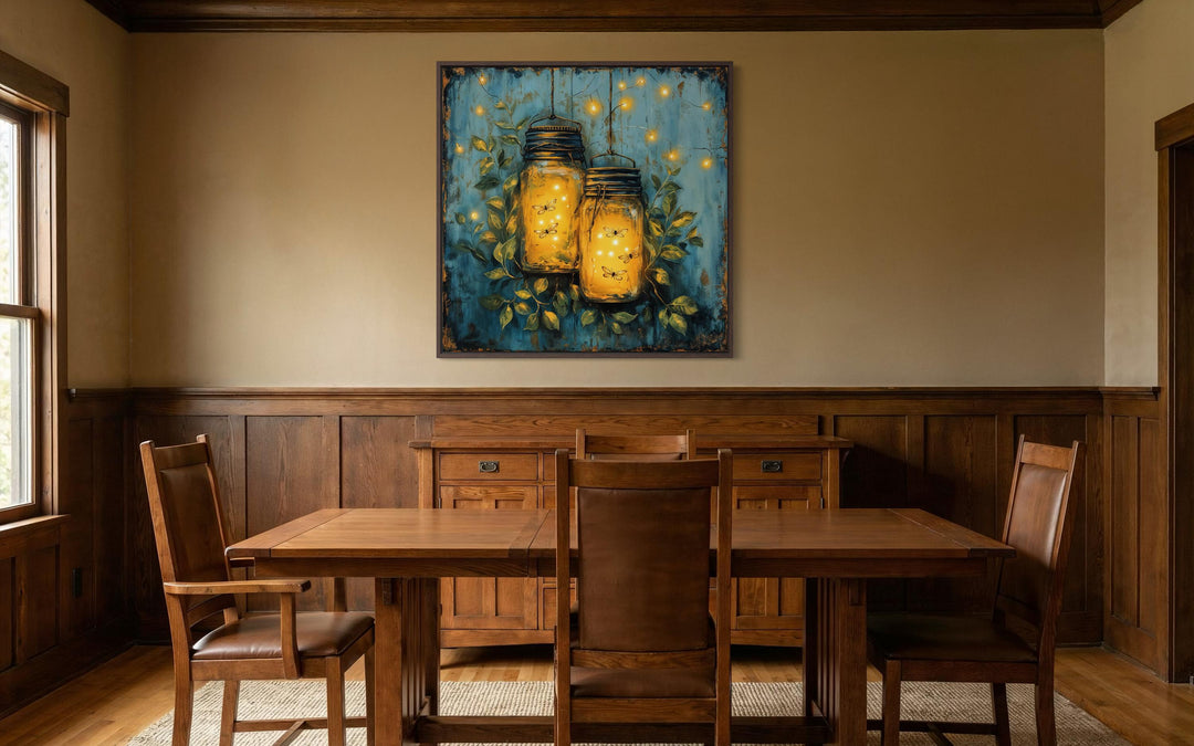 Fireflies in Mason Jars canvas wall art featuring glowing jars on a moody teal background.