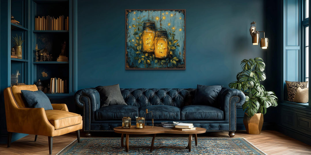 Framed canvas wall art of glowing fireflies in mason jars centered in a moody teal living room.