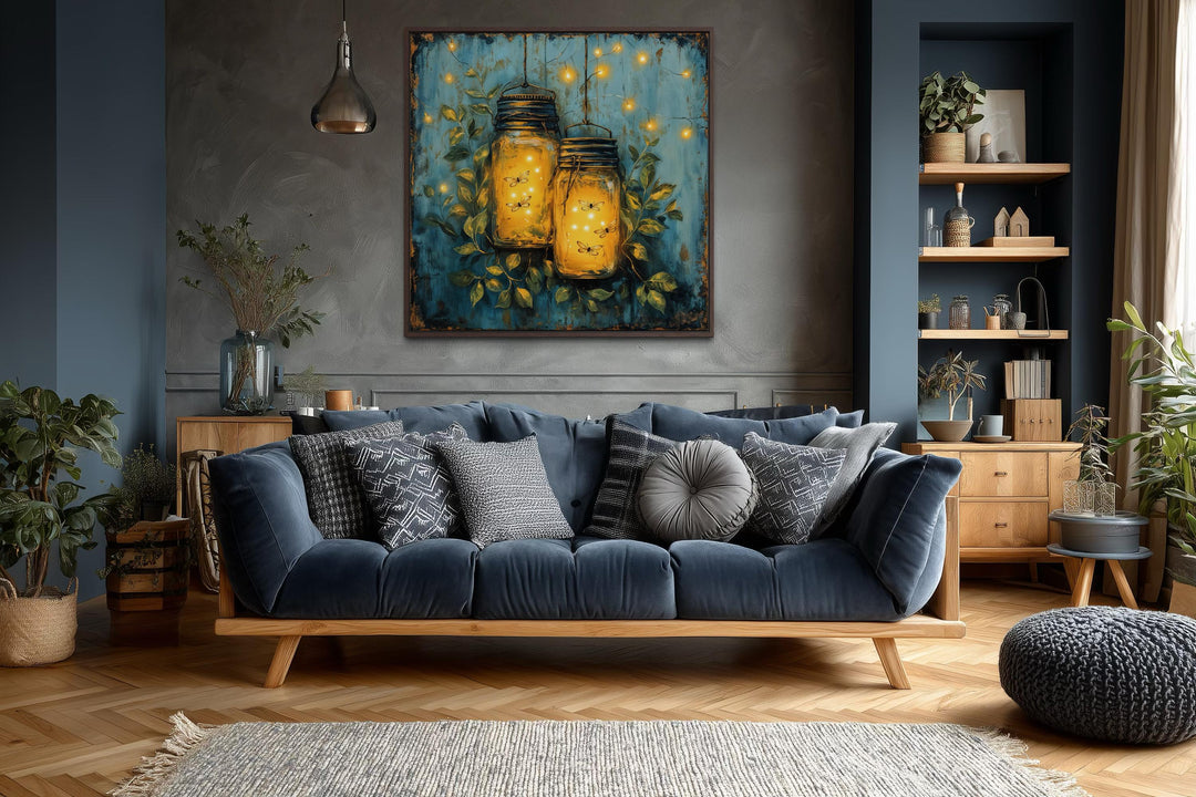 Canvas wall art featuring glowing fireflies in rustic mason jars against a moody teal background.