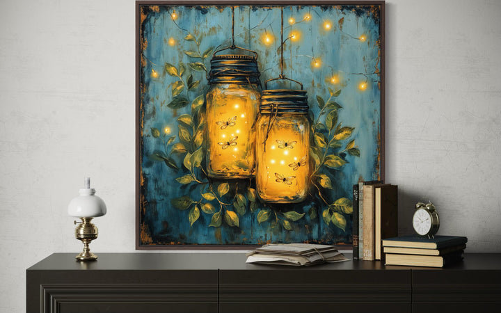 Canvas wall art of glowing fireflies in mason jars against a moody teal background.