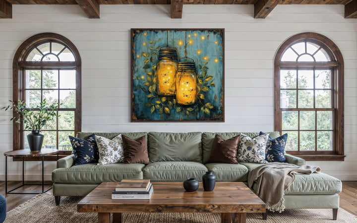 Fireflies in Mason Jars canvas wall art displayed in a rustic farmhouse living room.