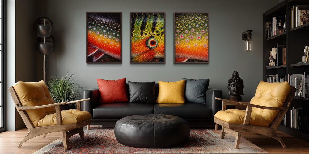 Set of three framed wall art panels featuring vibrant fish skin patterns in a modern living room.