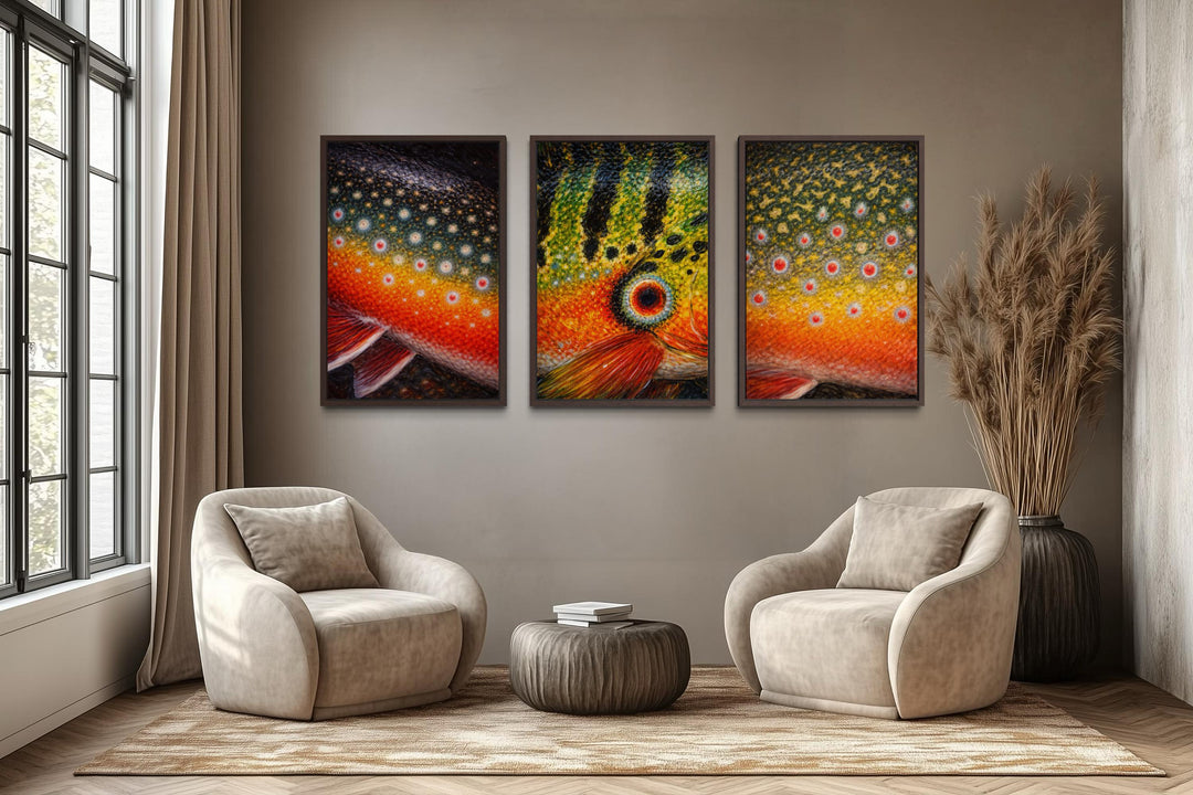 Three framed wall art panels featuring colorful fish skin patterns in a modern living room.