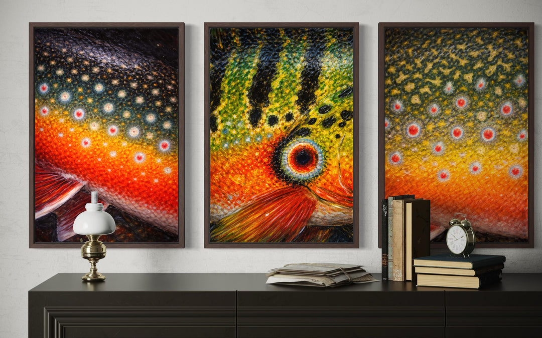 Set of three framed fish skin wall art panels featuring Arctic char, peacock bass, and brook trout.