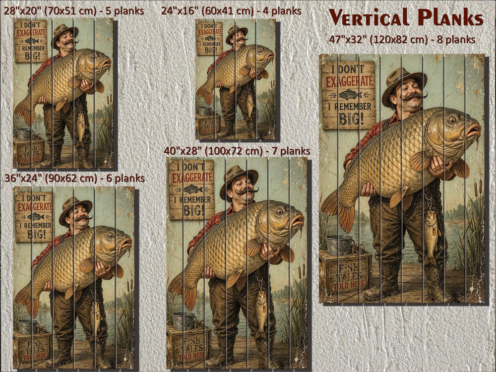 Custom fisherman wood art portraits in various sizes featuring a man holding an oversized fish.