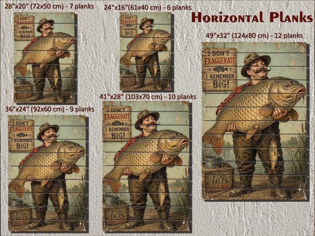 Custom fisherman wood art prints in various sizes featuring a man holding an oversized fish.