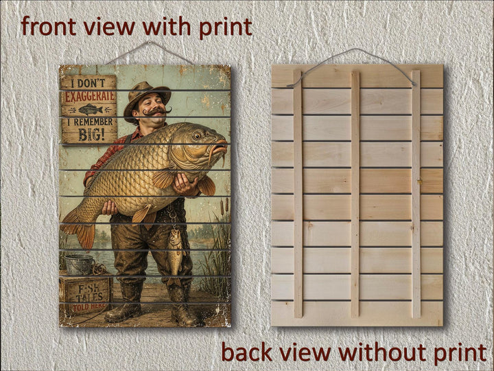 Custom fisherman portrait printed on vertical wood planks with a rustic, vintage finish.