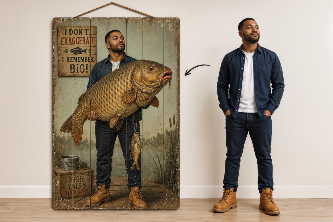 Custom fisherman portrait on wood planks featuring a man holding an oversized fish.