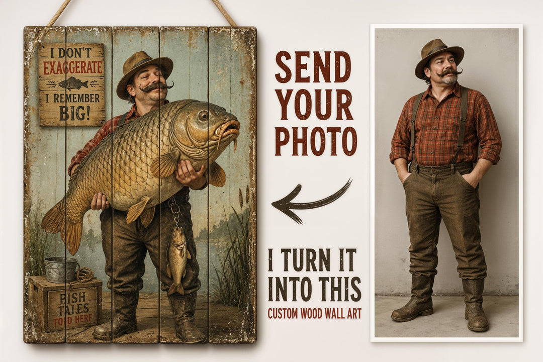 Custom wood wall art featuring a personalized fisherman portrait holding an oversized fish.