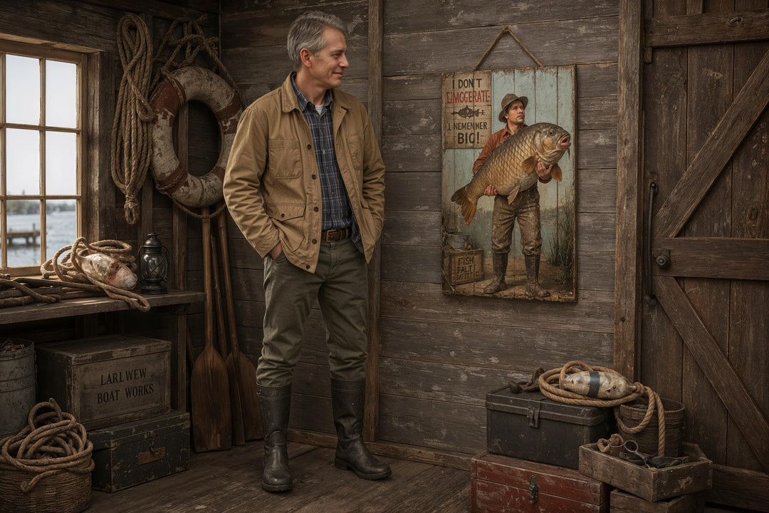 Custom fisherman portrait printed on real wood planks, featuring a man holding an oversized fish.