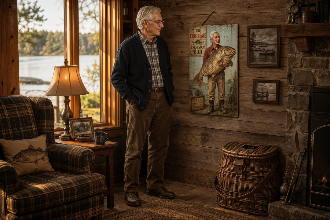Custom fisherman portrait printed on real wood planks, featuring a man holding an oversized fish.