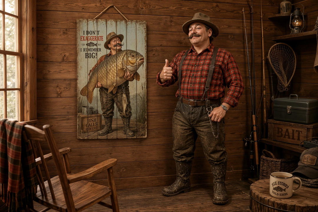 Custom fisherman portrait printed on vertical wood planks, featuring a man holding a giant fish.