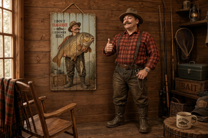 Custom fisherman portrait printed on vertical wood planks, featuring a man holding a giant fish.