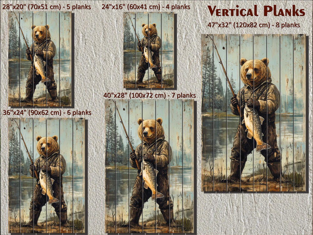 Rustic wood wall art featuring a bear in fishing gear, available in five vertical plank sizes.