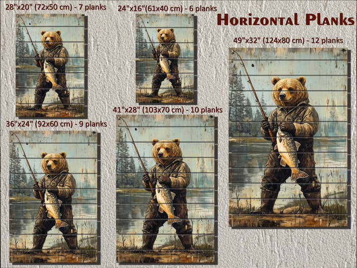 Rustic wood wall art featuring a bear fishing, available in five sizes with horizontal planks.