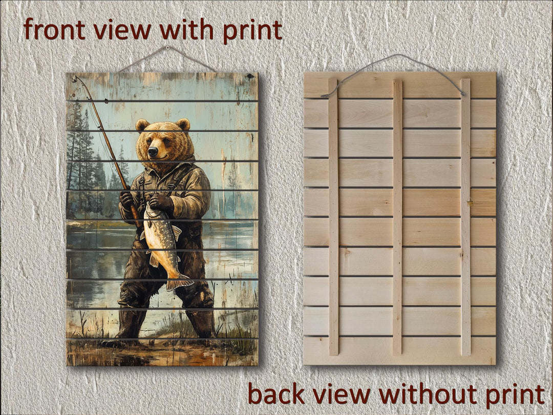Rustic wood wall art featuring a distressed print of a bear fishing, shown from front and back.