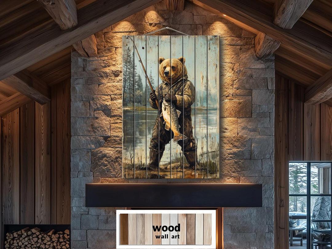 Rustic wood wall art featuring a distressed print of a bear fishing, hung over a stone fireplace.
