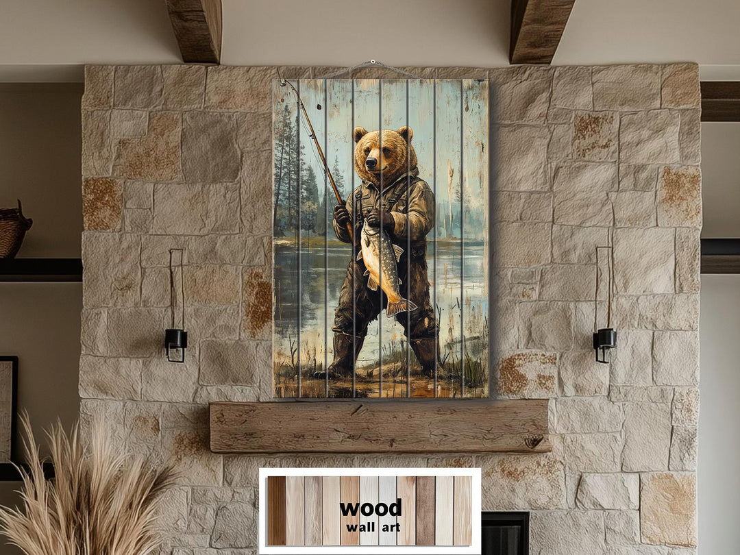 Rustic wood wall art featuring a distressed print of a bear fishing, hung over a stone fireplace.