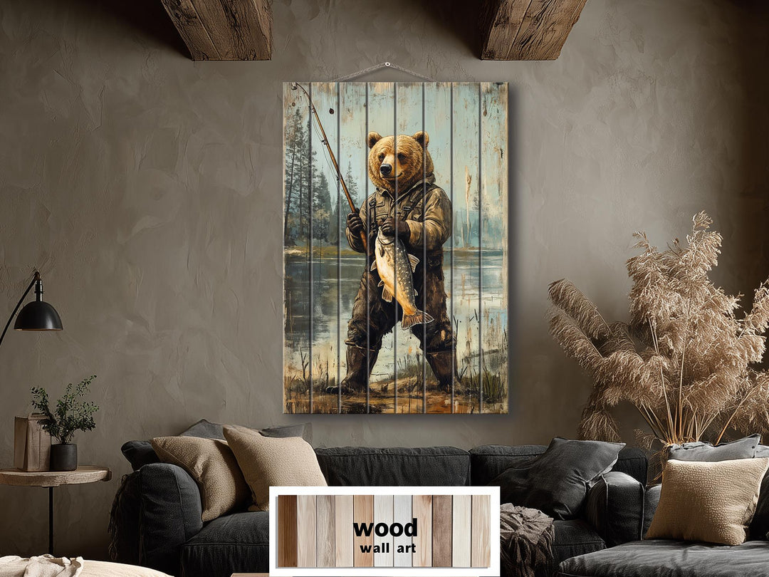 Rustic wood wall art featuring a distressed print of a bear fishing in a river.