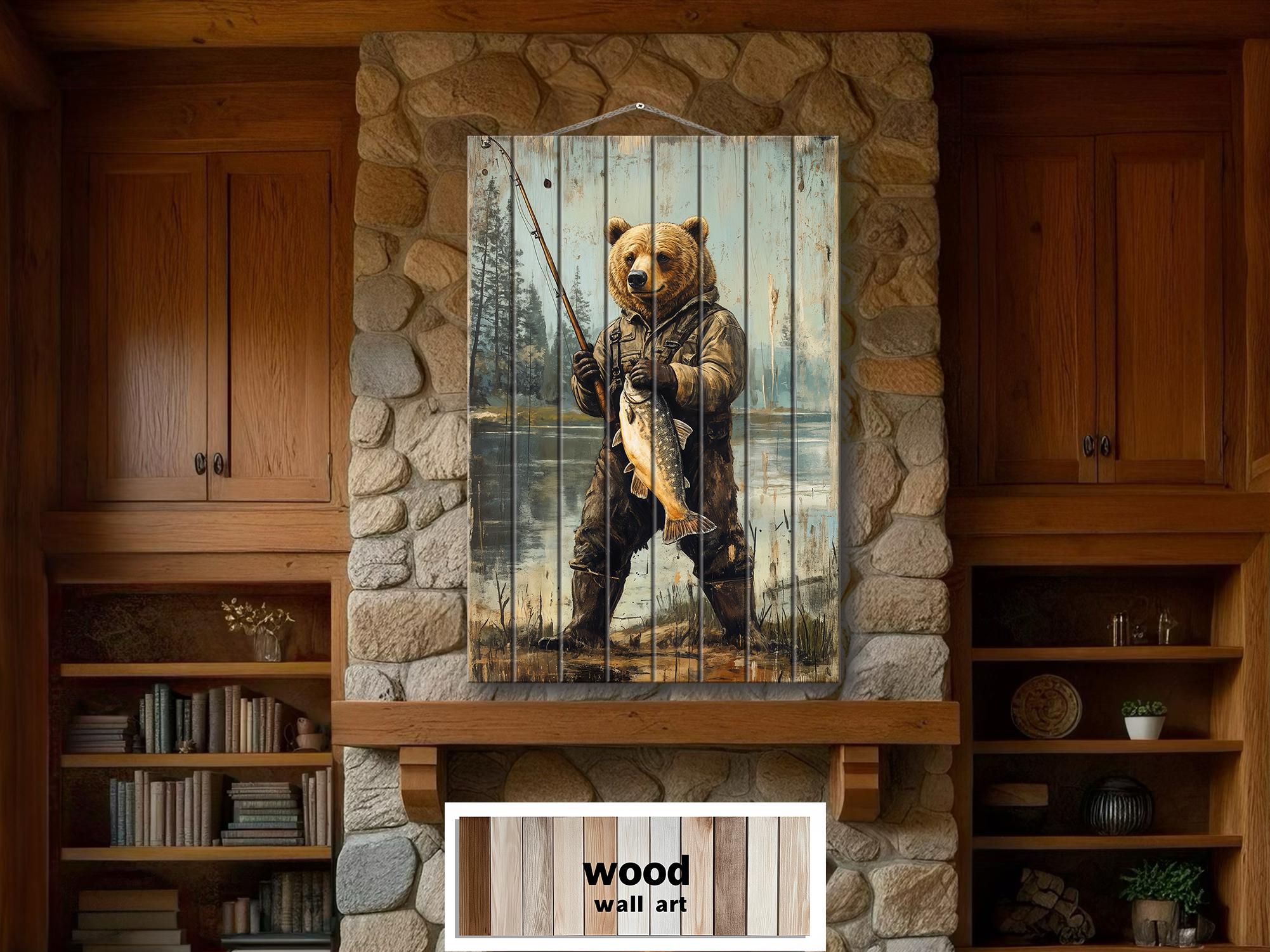 Fishing Bear Wall Art - Rustic Wood Decor | Distressed Wildlife