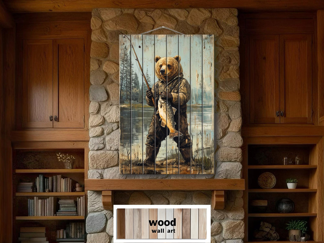 Rustic wood wall art featuring a distressed print of a bear fishing, hung over a stone fireplace.