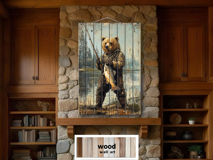 Rustic wood wall art featuring a distressed print of a bear fishing, hung over a stone fireplace.