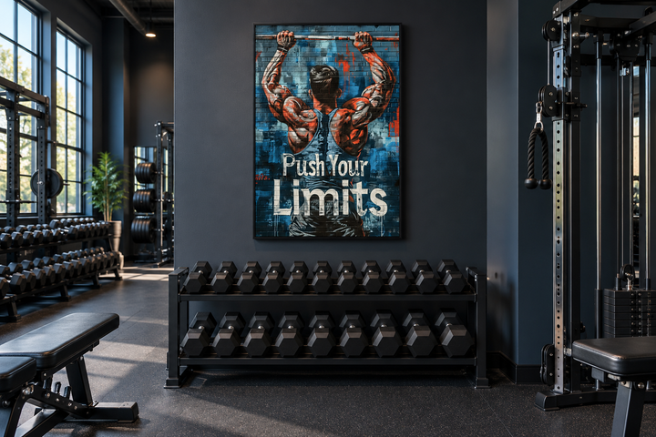 Muscular man lifting a barbell graffiti wall art in a modern gym with dumbbells and cable machine.