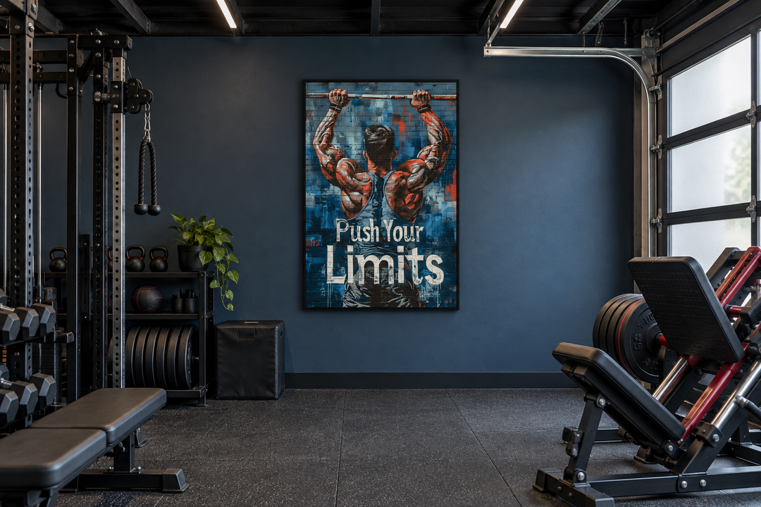 Muscular man lifting a barbell graffiti wall art with 'Push Your Limits' text in a home gym.