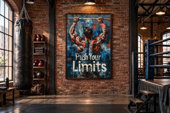 Muscular man lifting a barbell graffiti wall art with 'Push Your Limits' text in a gym setting.
