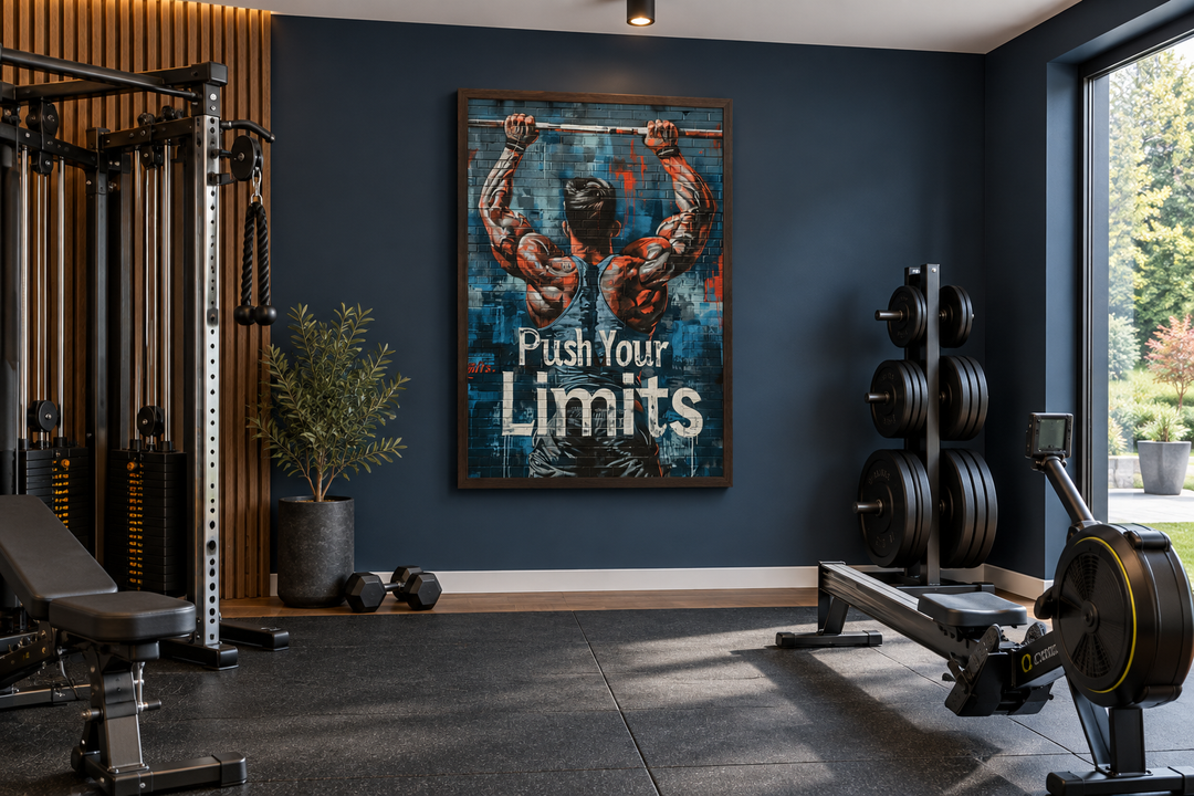 Muscular man pushing limits fitness motivation wall art in a modern home gym setting.