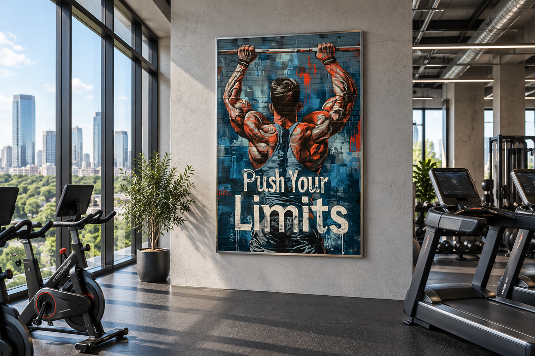 Muscular man lifting a barbell graffiti wall art with 'Push Your Limits' text in a modern gym.