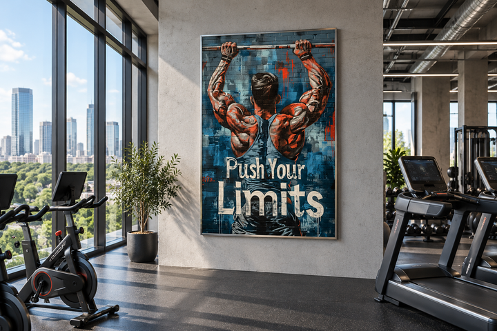 Muscular man lifting a barbell graffiti wall art with 'Push Your Limits' text in a modern gym.
