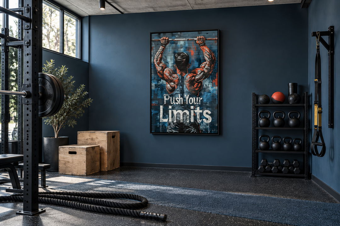 Muscular man lifting a barbell wall art with 'Push Your Limits' text in a modern home gym setting.