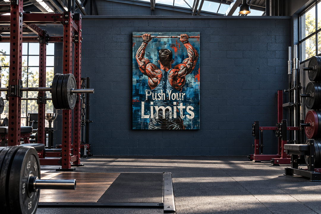 Muscular man pushing limits fitness motivation gym wall art on a dark brick wall in a modern gym.