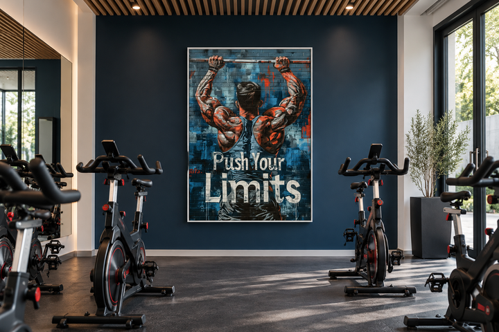 Muscular man lifting a barbell graffiti wall art with text Push Your Limits in a modern gym.
