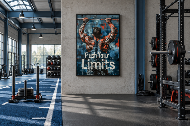 Muscular man lifting a barbell graffiti-style wall art with the text Push Your Limits in a gym.