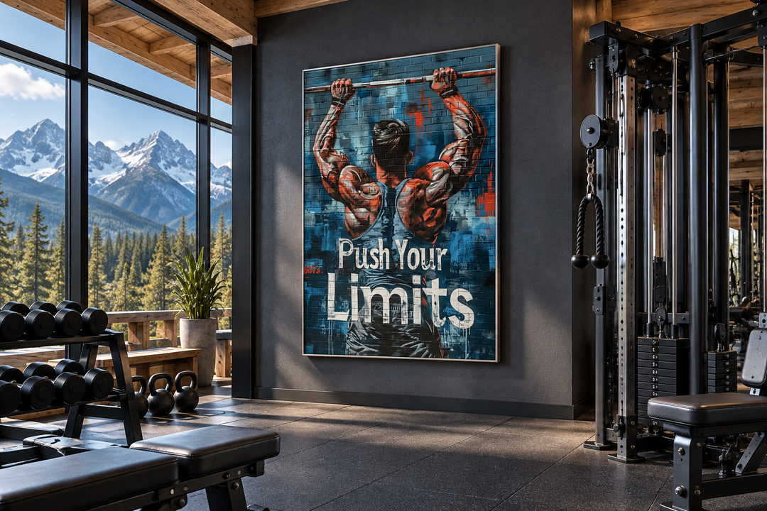 Muscular man lifting barbell graffiti wall art with 'Push Your Limits' text in a modern gym.