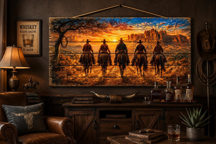 Five Cowboys At Desert Sunset wood print wall art hanging in a rustic room with leather furniture.