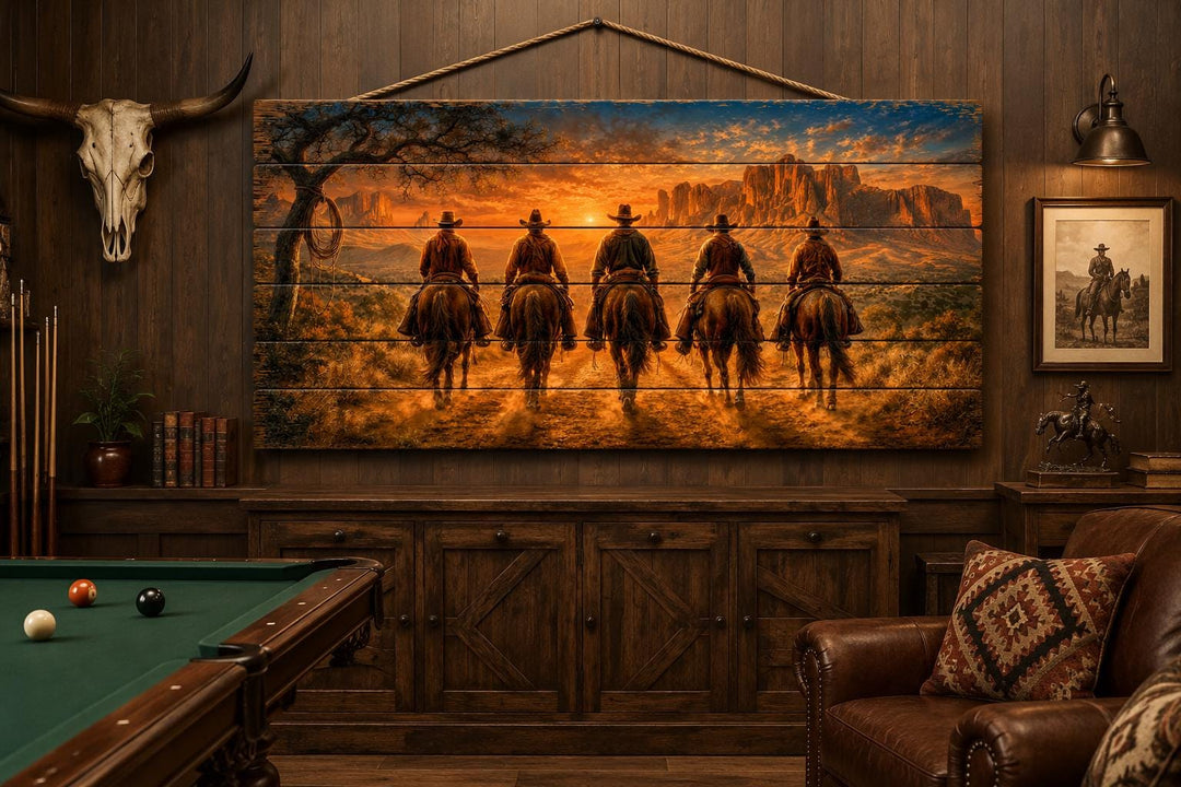 Five Cowboys At Desert Sunset Wood Print wall art hanging in a rustic room with a pool table.