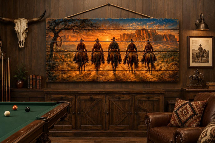Five Cowboys At Desert Sunset Wood Print wall art hanging in a rustic room with a pool table.