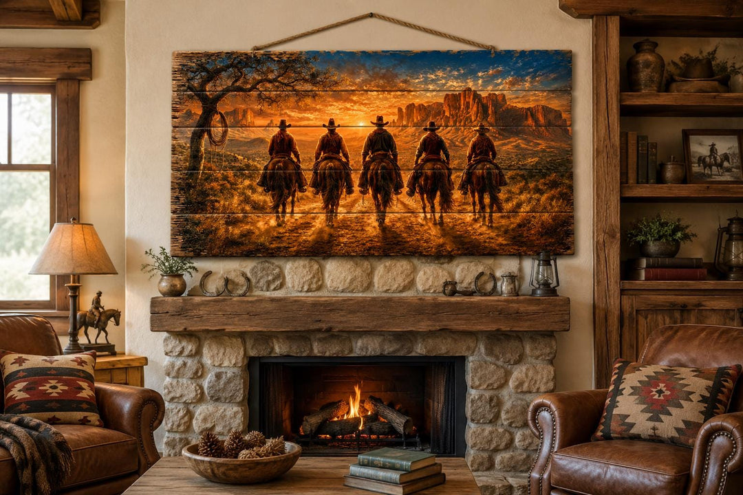 Five cowboys riding horses at sunset wood print wall art above a rustic stone fireplace.