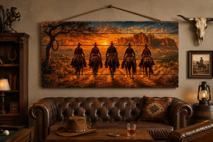 Five cowboys riding horses at sunset wood print wall art in a rustic living room setting.