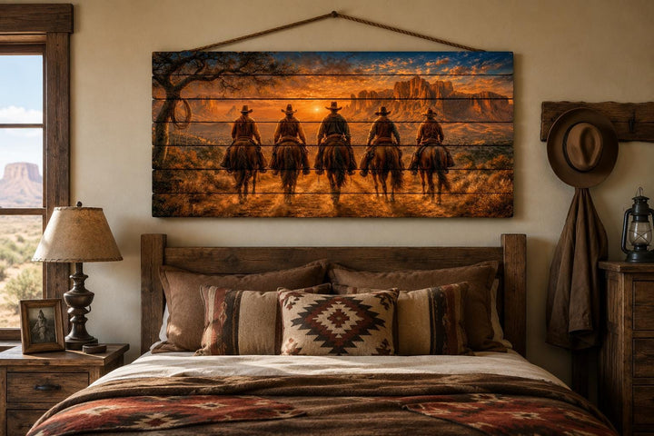 Five cowboys riding horses at sunset wood print wall art above a rustic wooden bed.
