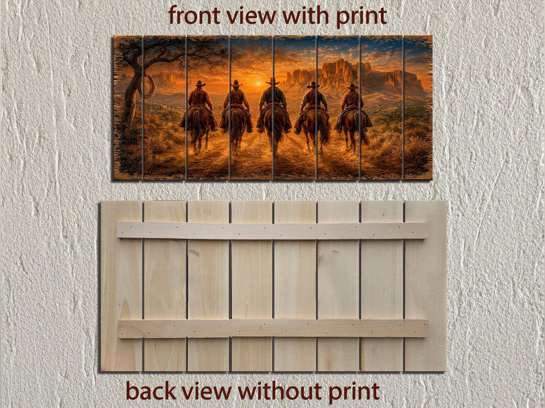 Front and back view of a five-panel wood print featuring five cowboys riding at desert sunset.