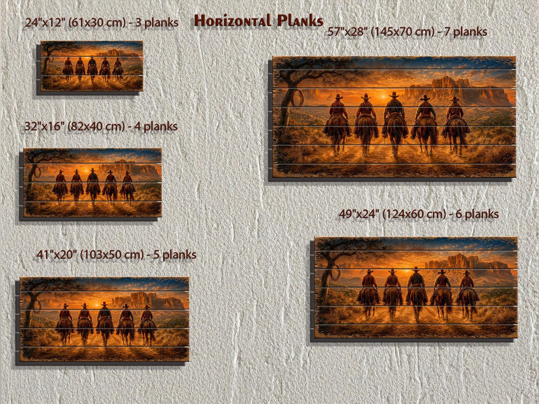 Five Cowboys At Desert Sunset wood print size guide showing five horizontal plank options.