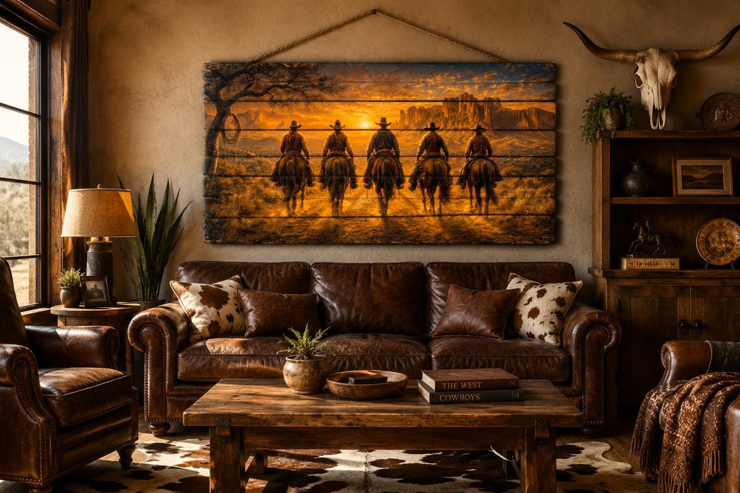 Five Cowboys At Desert Sunset wood print hanging above a leather sofa in a rustic living room.
