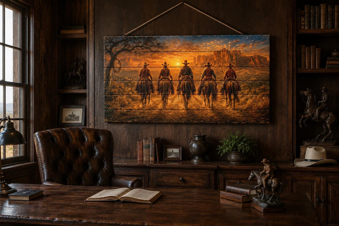 Five Cowboys At Desert Sunset wood print hanging in a rustic office above a dark wood desk.